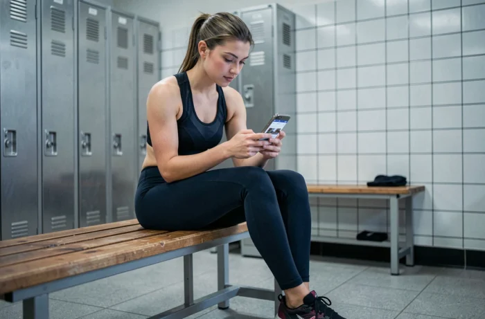 Une jeune sportive consulte les rubriques d'actualité sportive sur son smartphone dans un vestiaire
