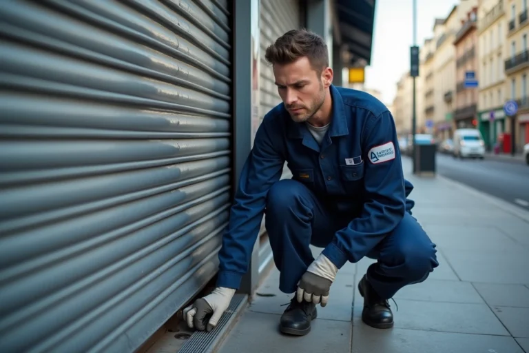 Technicien de dépannage inspectant un rideau métallique devant une agence immobilière