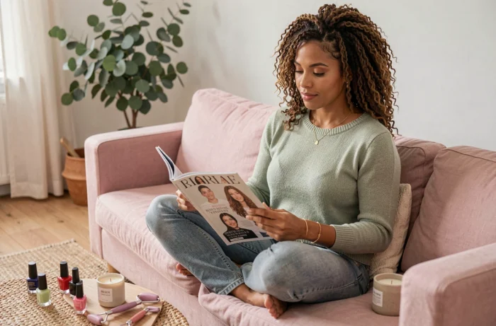 Jeune femme aux cheveux naturels feuilletant un magazine beauté entourée des tendances maquillage et soins de l'année