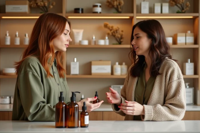 Deux femmes comparant des produits cosmétiques éco-responsables dans un magasin de beauté aux tendances naturelles et durables