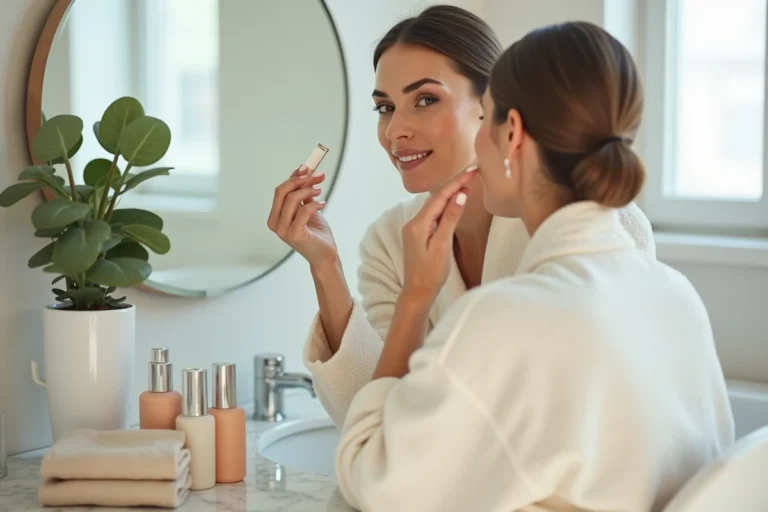 Femme appliquant un sérum teinté devant un miroir dans une salle de bain minimaliste contemporaine, entourée de produits de beauté tendance