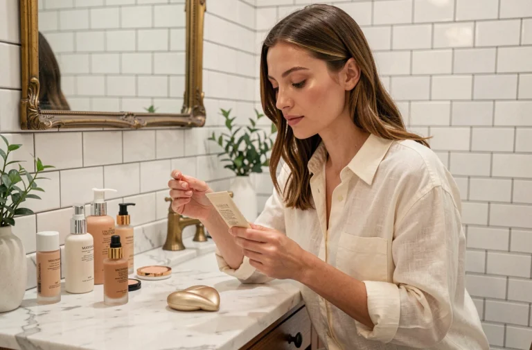 Femme dans la trentaine découvrant les dernières tendances beauté et soins de la peau dans une salle de bain parisienne élégante