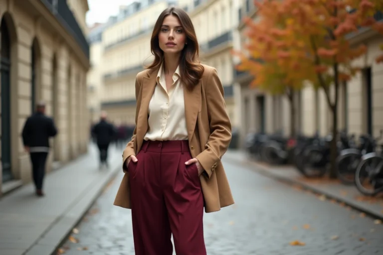 Femme élégante portant un blazer camel et un pantalon large bordeaux dans une rue pavée parisienne aux tons automnaux