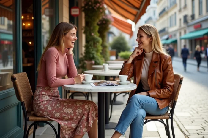 Deux femmes tendance en tenue de saison assises en terrasse de café, mêlant style floral et perfecto cognac dans une ambiance décontractée
