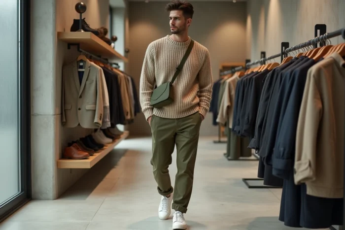 Homme en pull oversize beige et chino olive explorant les nouvelles collections dans un concept store minimaliste au design industriel