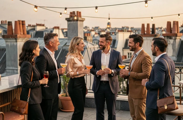 Groupe d'adultes élégants sur une terrasse rooftop parisienne lors d'une soirée mondaine au coucher du soleil