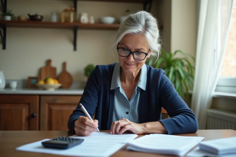 Veuve âgée en train de calculer ses parts fiscales avec des documents d'impôts sur la table de cuisine