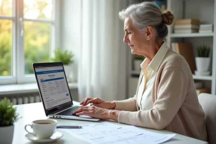 Femme veuve déclarant ses impôts en ligne depuis son bureau à domicile avec formulaire fiscal