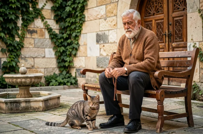 Vieil homme musulman dans une cour de mosquée avec un chat rayé à ses pieds, illustration de la symbolique islamique des rêves de chat