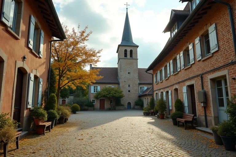 Place centrale d'un petit village du Nord de la France avec église en pierre et maisons traditionnelles en brique, atmosphère d'automne