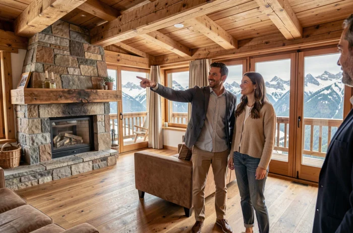 Couple visitant un chalet suisse avec vue sur les Alpes lors d'une visite immobilière