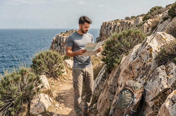 Voyageur masculin consultant une carte sur un sentier côtier rocheux près de Zemmouri El Bahri
