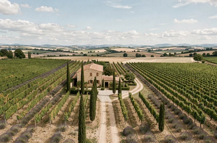 Vue panoramique d'un mas provençal entouré de vignes et de champs de lavande dans le Sud de la France, paysage caractéristique des tournages de Demain nous appartient